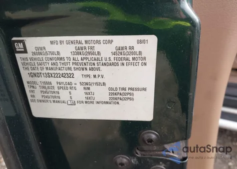 2002 Chevrolet Trailblazer Ls z USA, uszkodzony, nr VIN 1GNDT13SX22242322